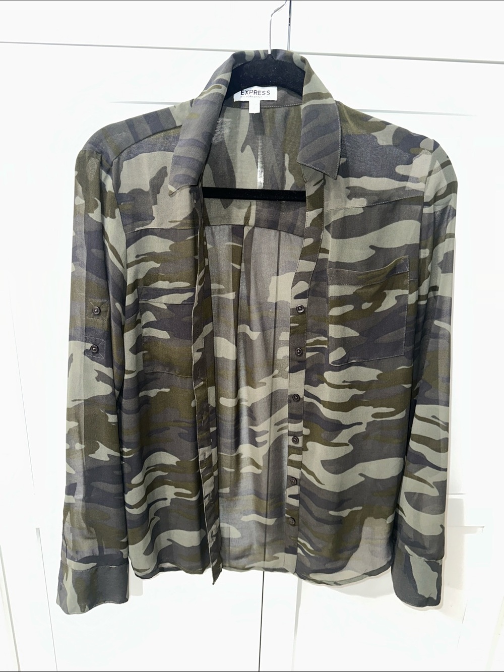 Express Women's Olive and Charcoal Camo Button-Down Shirt
